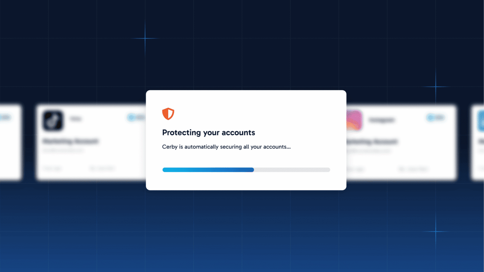 A security notification indicates that Cerby is automatically securing all your accounts.