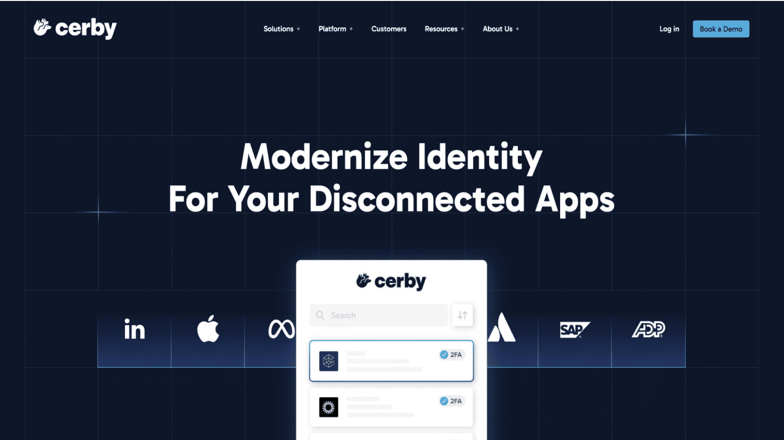A dark blue webpage with the Cerby logo, headline "Modernize Identity For Your Disconnected Apps," and icons of LinkedIn,