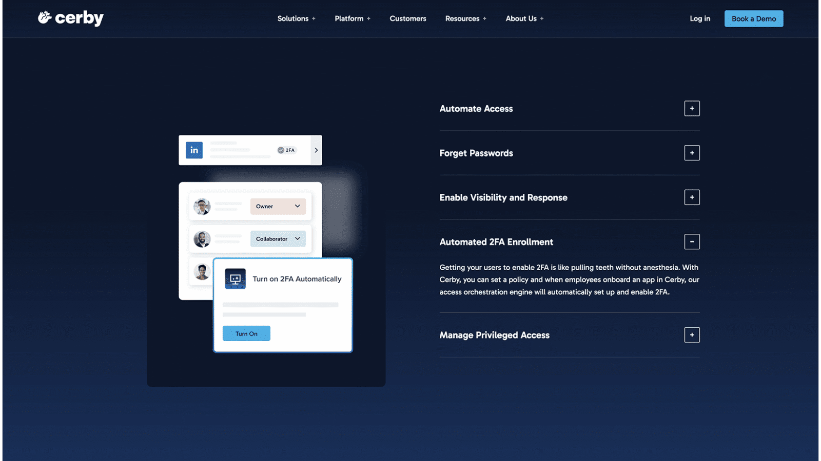 A screenshot of Cerby’s platform interface showing options to turn on 2FA automatically and manage privileged access.