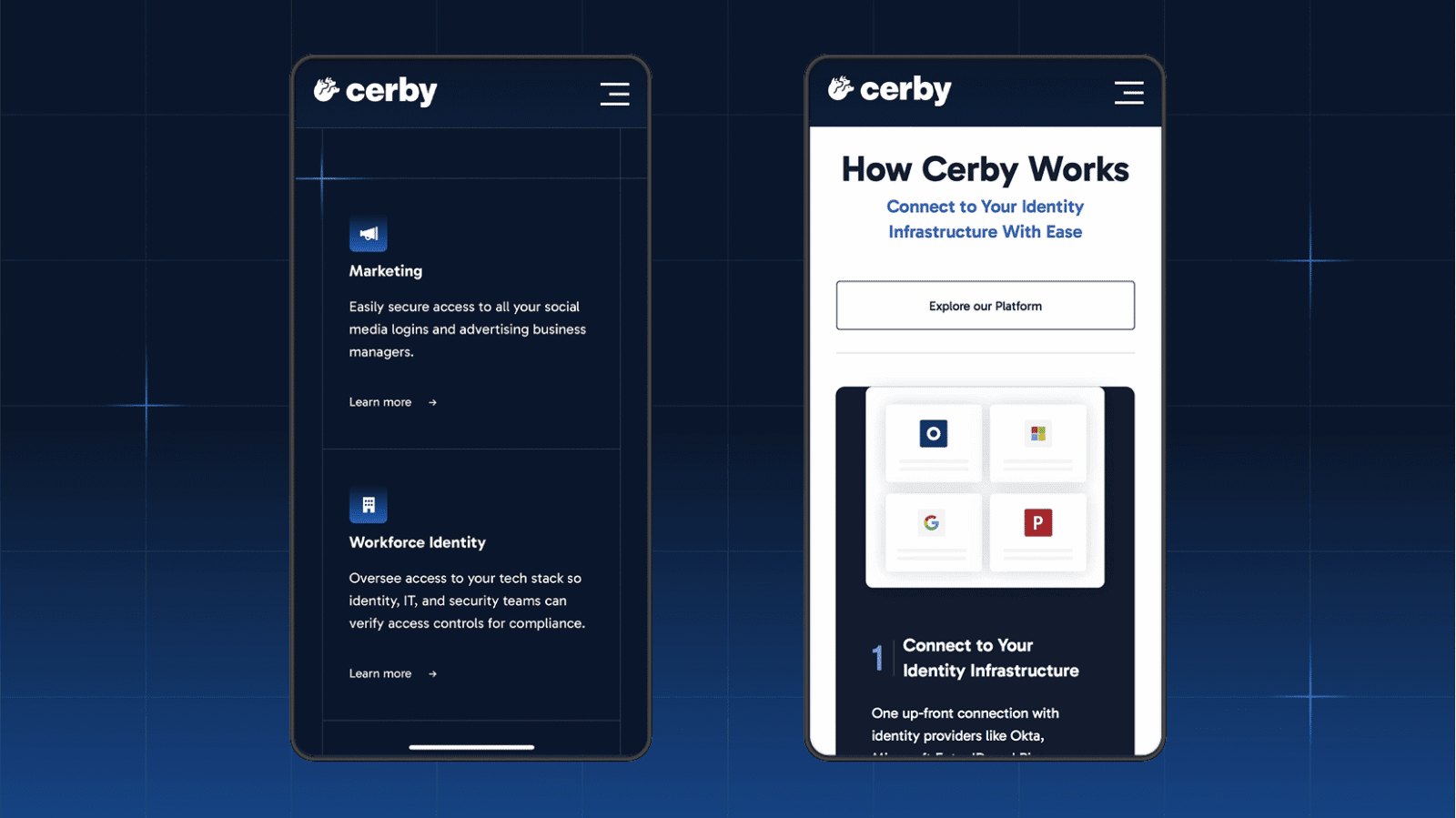 Two mobile screens display the Cerby platform, highlighting features like social media access, security, and connecting to