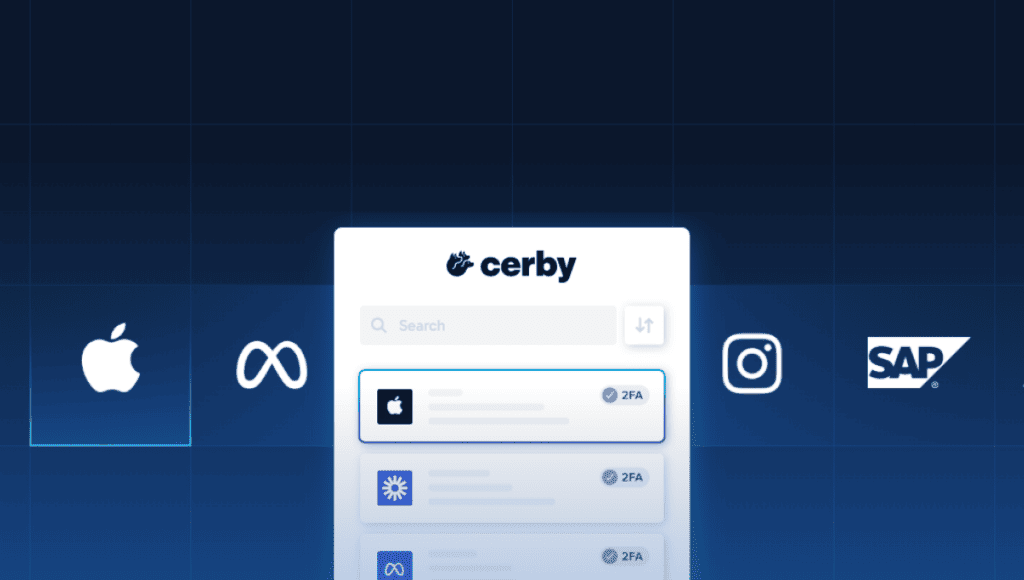 A digital interface for Cerby displays a search bar and a list of companies, including Apple, Meta, Instagram, SAP, and