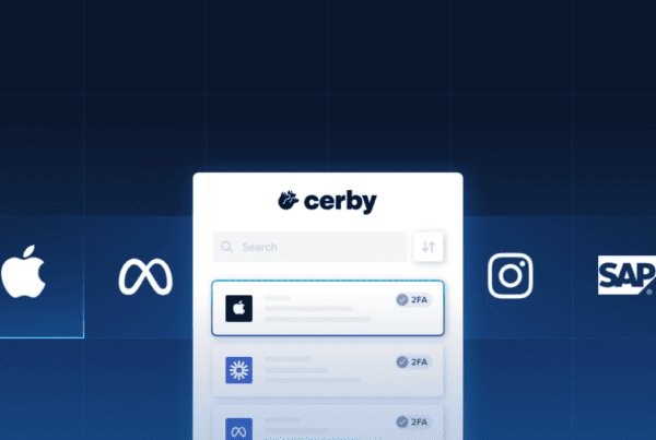 A digital interface for Cerby displays a search bar and a list of companies, including Apple, Meta, Instagram, SAP, and