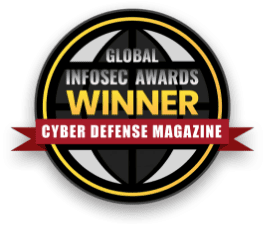 A circular badge with a globe design, indicating a winner of the Global Infosec Awards by Cyber Defense Magazine.