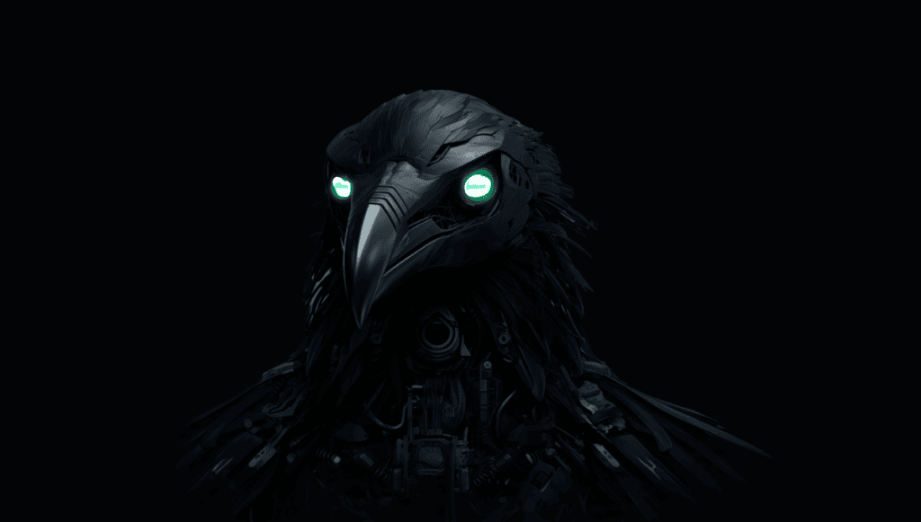 A robotic raven with glowing green eyes and a sleek, dark metallic body against a black background.