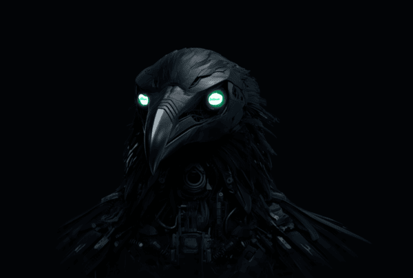 A robotic raven with glowing green eyes and a sleek, dark metallic body against a black background.