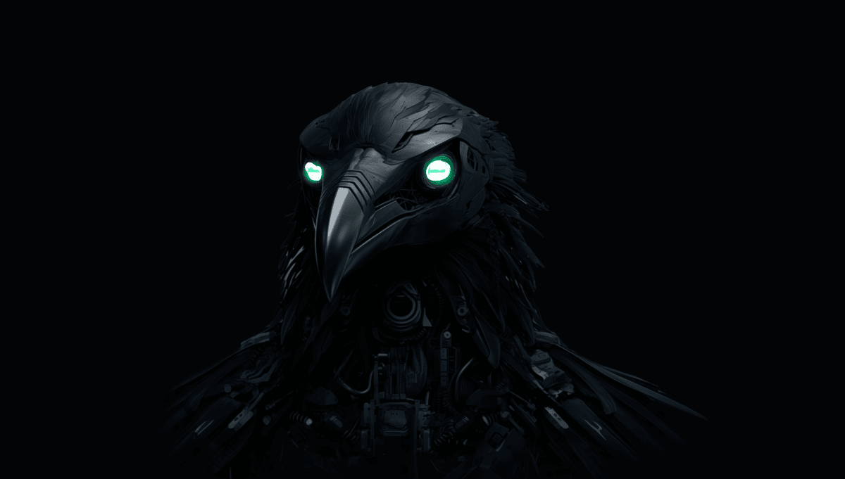 A robotic raven with glowing green eyes and a sleek, dark metallic body against a black background.