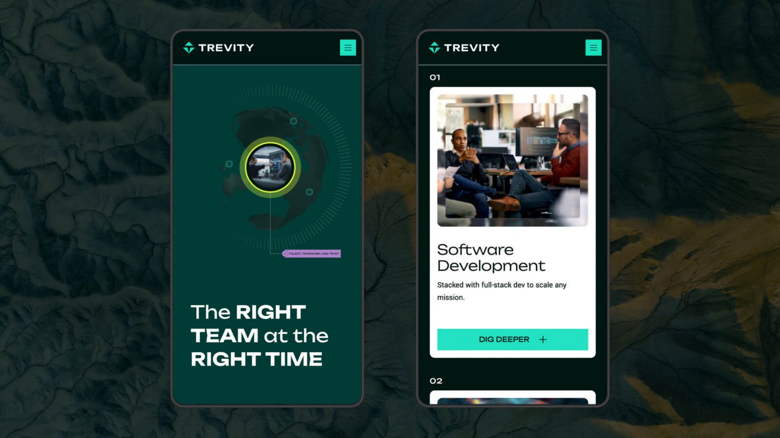 Two mobile screens display a team collaboration app with the phrases "The RIGHT TEAM at the RIGHT TIME" and "Software