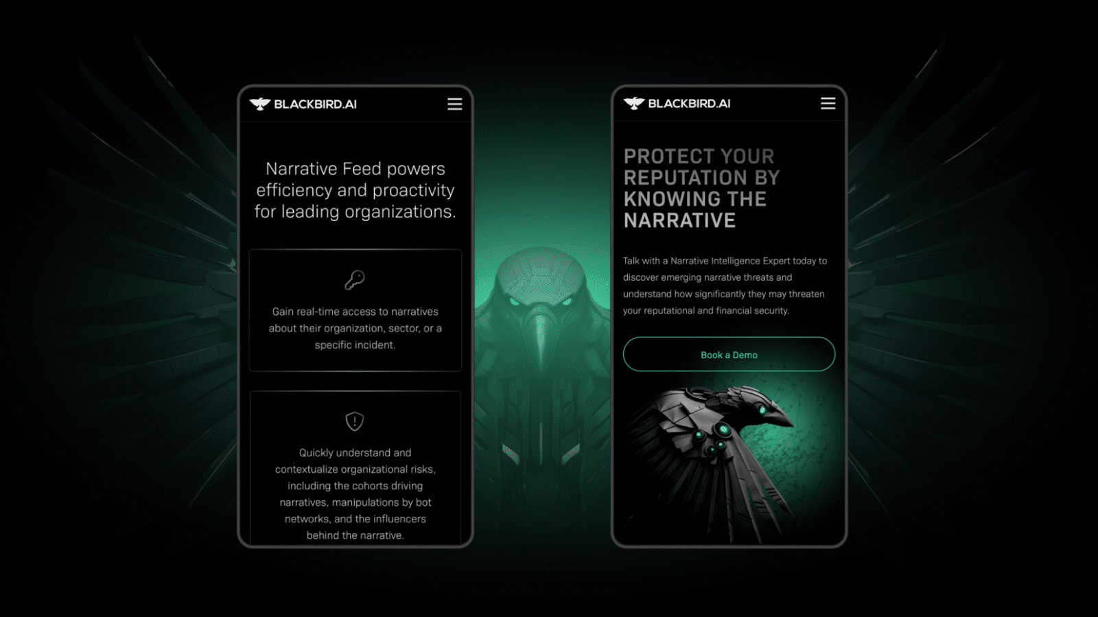 Two smartphone screens display Blackbird.ai's interface, featuring options to access narratives and protect reputation