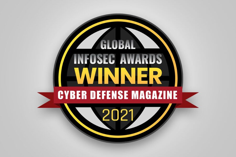 A circular badge with a black background and yellow border, indicating a 2021 Cyber Defense Magazine award winner.