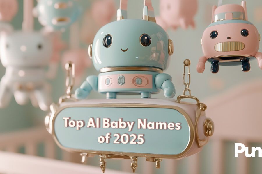 A pastel-colored robot and plush toys hang above a sign that reads "Top AI Baby Names of 2025," with the Punch logo in the