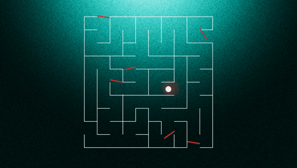 A maze with a white ball near the center and four red lines pointing to different sections.