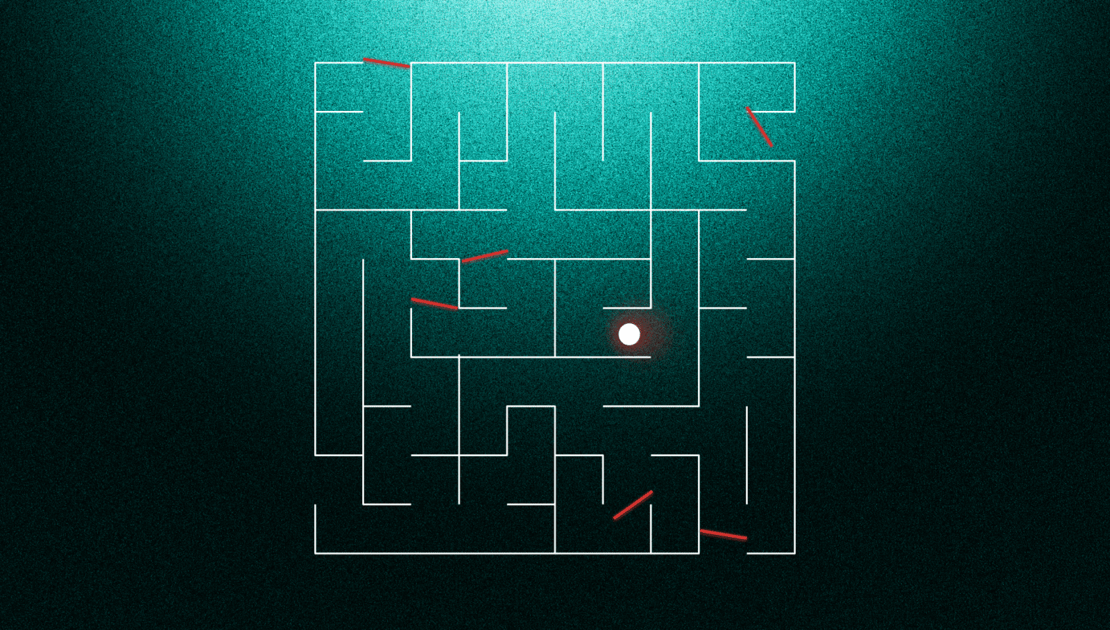 A maze with a white ball near the center and four red lines pointing to different sections.