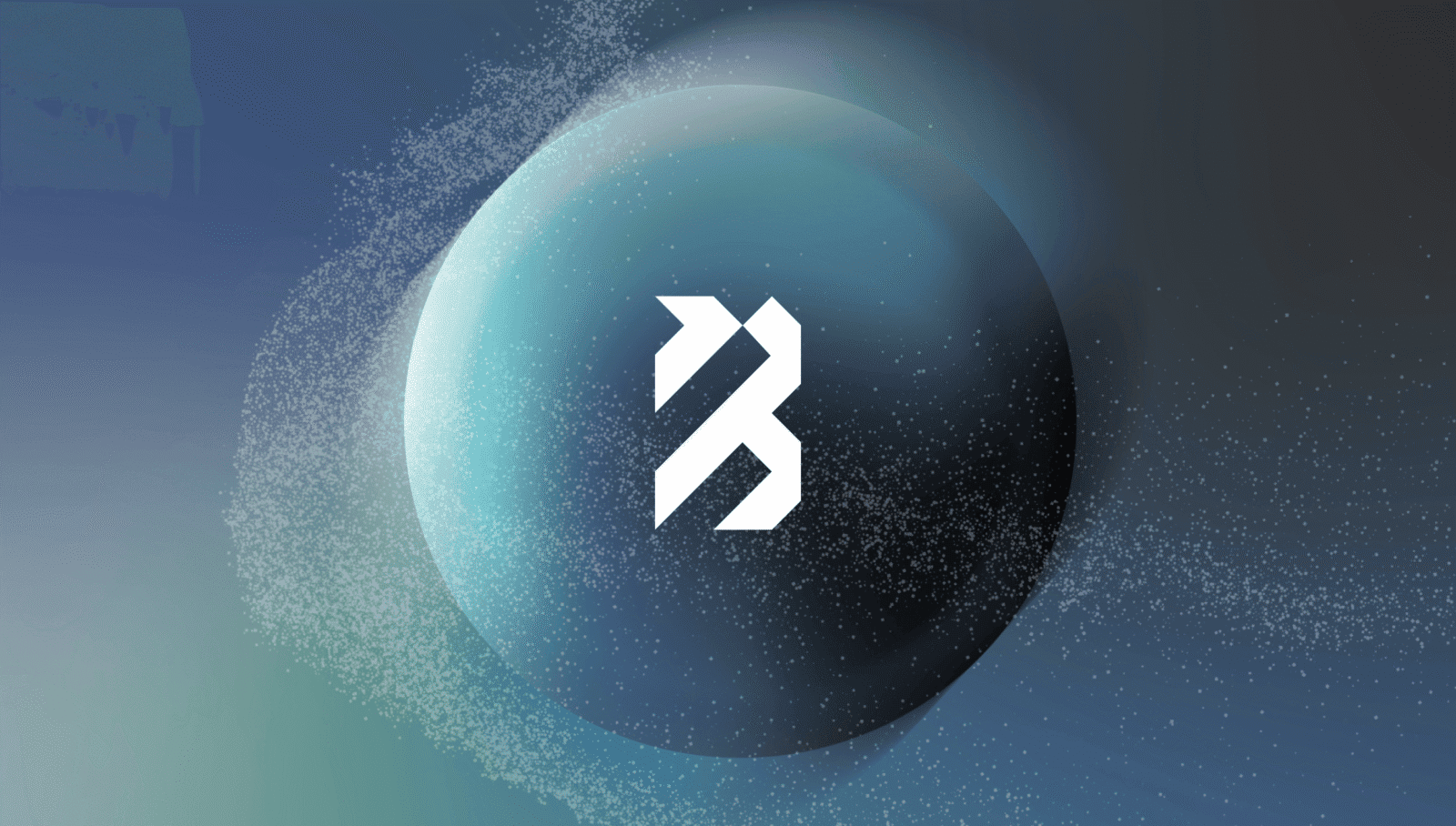 A digital illustration features a dark sphere with a white abstract logo in the center, surrounded by a glowing, dotted halo.