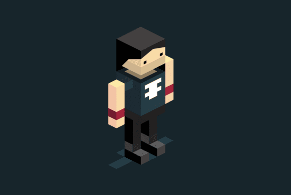 Pixel art character with black hair, a dark blue shirt with a white "F" on it, black pants, and red wristbands, standing on