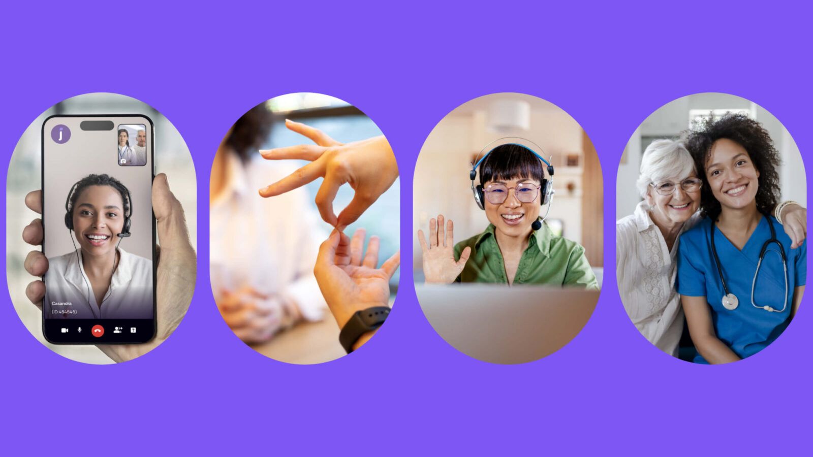 Four images depict healthcare professionals engaging in virtual communication, including a video call, hand gesture, and