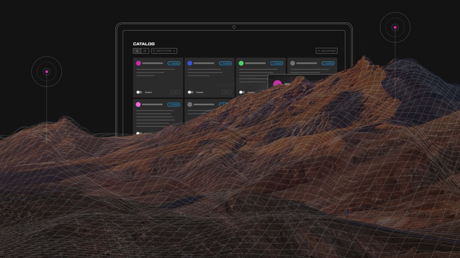 A digital landscape with a wireframe mountain range in front of a tablet displaying a catalog interface.