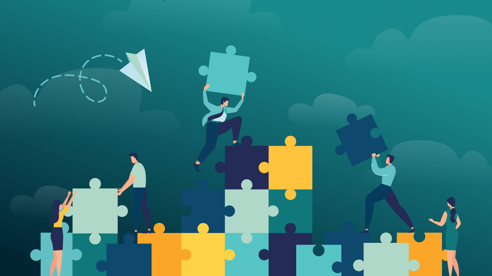 Six people collaborate to assemble and balance large puzzle pieces against a dark teal background with clouds.
