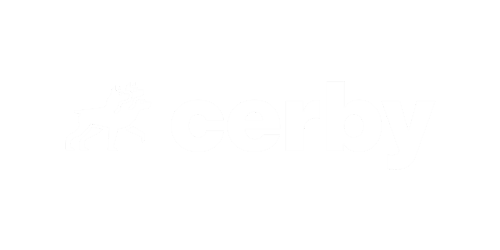 A black background features a white logo with two stylized dogs and the word "cerby" in bold lowercase letters.