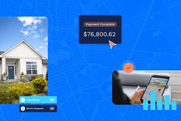 A house with a garden, a payment confirmation of $76,800.62, and a person viewing property details on a tablet.