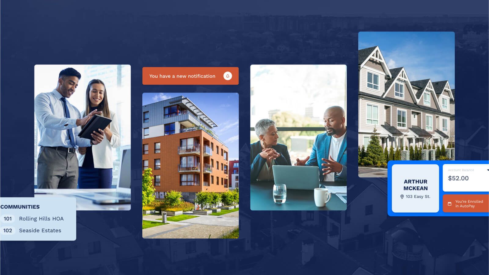 A digital interface displays notifications, images of residential buildings, and a profile card for Arthur McKean with