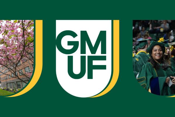 A collage featuring a university campus with pink flowering trees, a large "GMU UF" logo, and graduates in green caps and