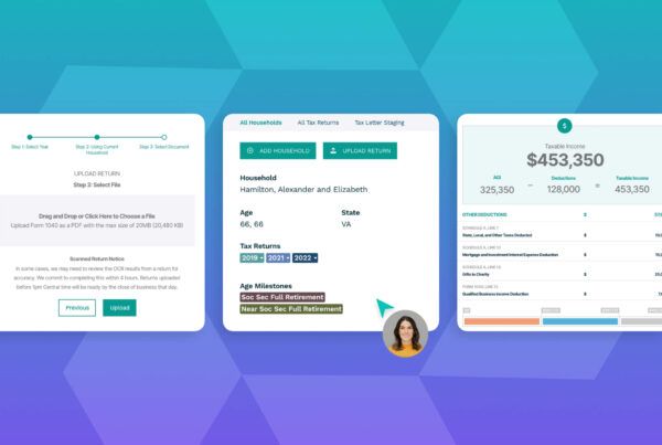 A digital interface displays tax return submission steps, household details, and a summary of taxable income and deductions.