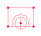 A pink gear icon with a square border and corner handles, indicating a design or editing tool.