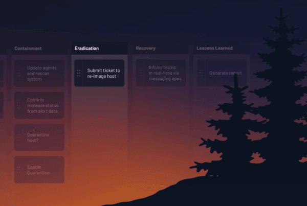 A dark silhouette of a pine tree against a colorful sunset sky with a semi-transparent overlay of a task management