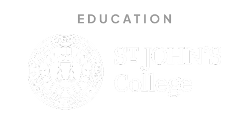 The logo of St. John's College features a circular emblem with scales of justice and Latin words, alongside the college name.