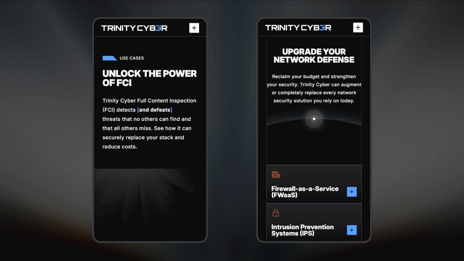 Two smartphone screens display Trinity Cyber security app pages, highlighting network defense solutions and use cases.