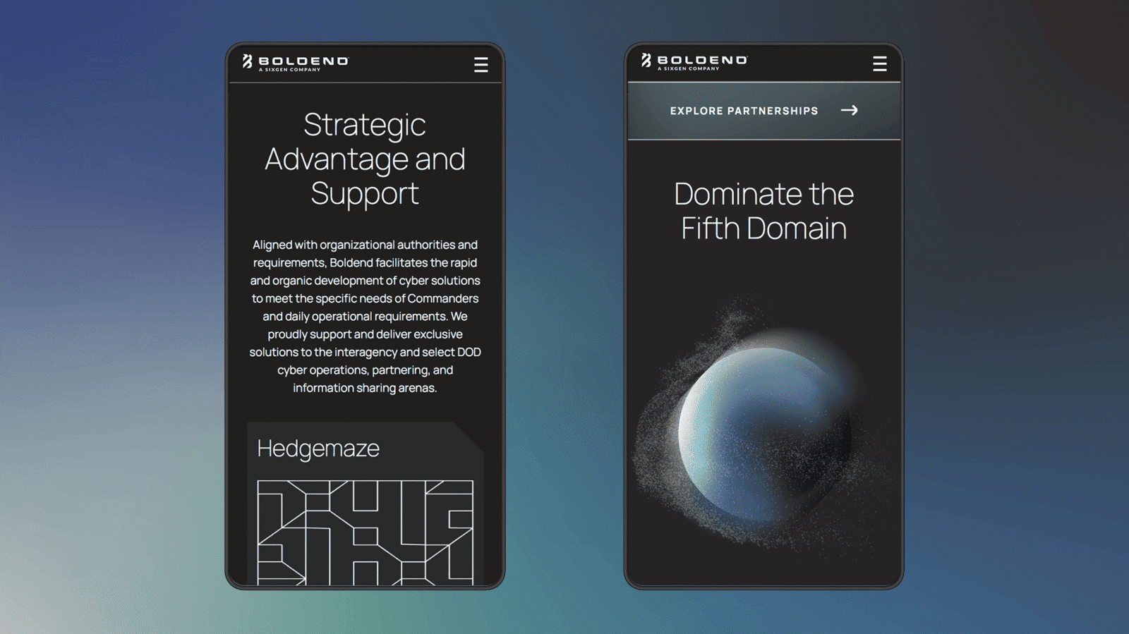 Two smartphones display BoldenO's website, highlighting strategic support and dominance in the Fifth Domain with a