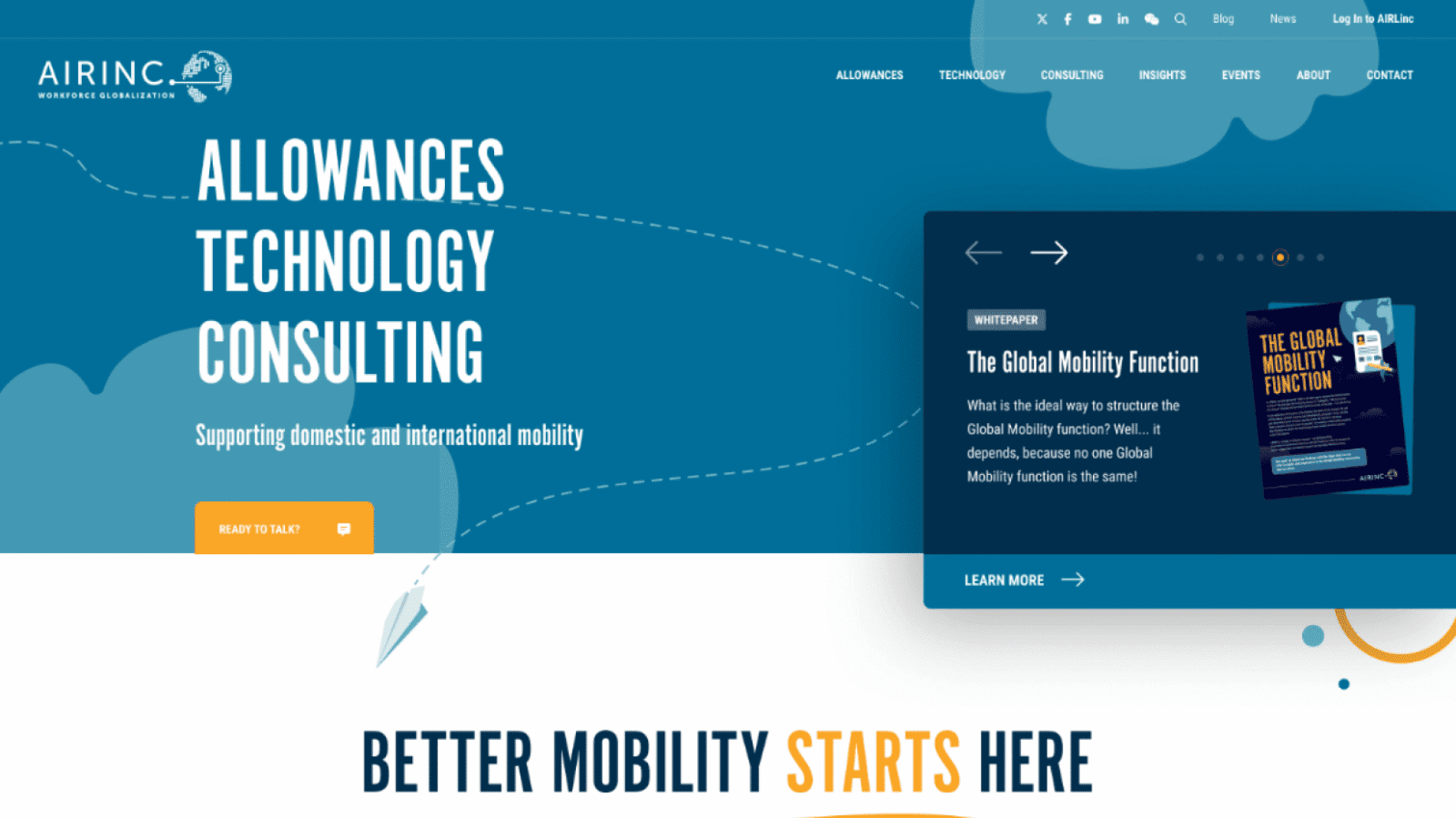 A webpage header for AIRinc features the company's focus on allowances, technology, and consulting for mobility solutions.