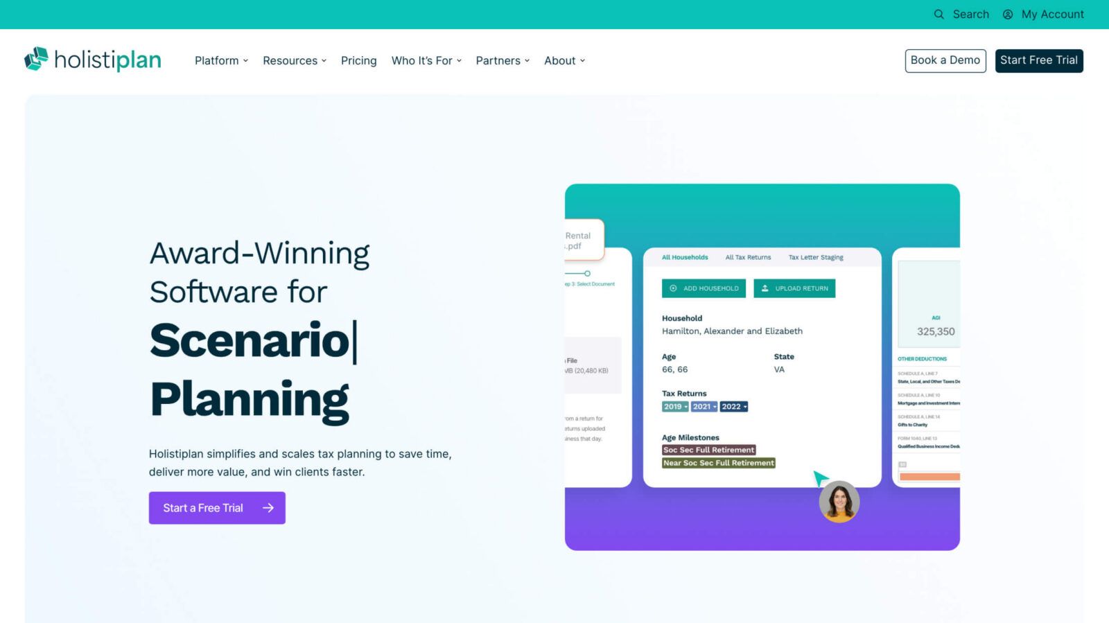 A screenshot of the Holistiplan website featuring a headline about award-winning software for scenario planning and a demo