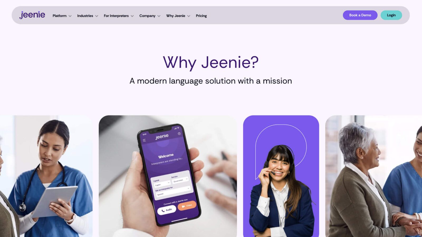 A webpage titled "Why Jeenie?" features images of healthcare professionals, a smartphone app, and a customer service