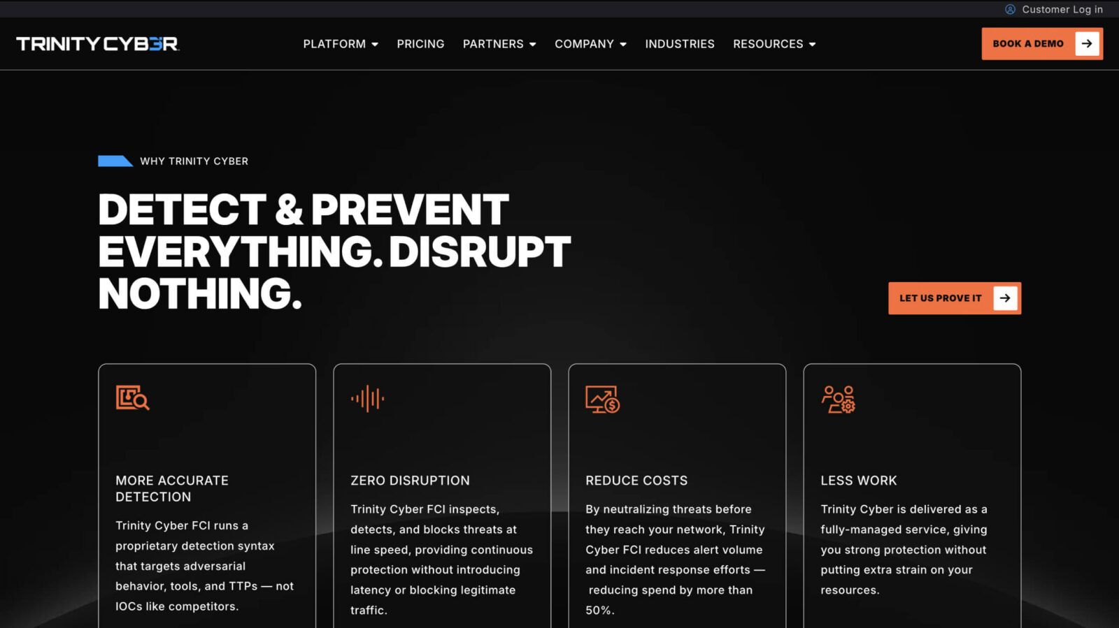 A screenshot of Trinity Cyber's website homepage featuring a black background, bold white text, orange buttons, and icons