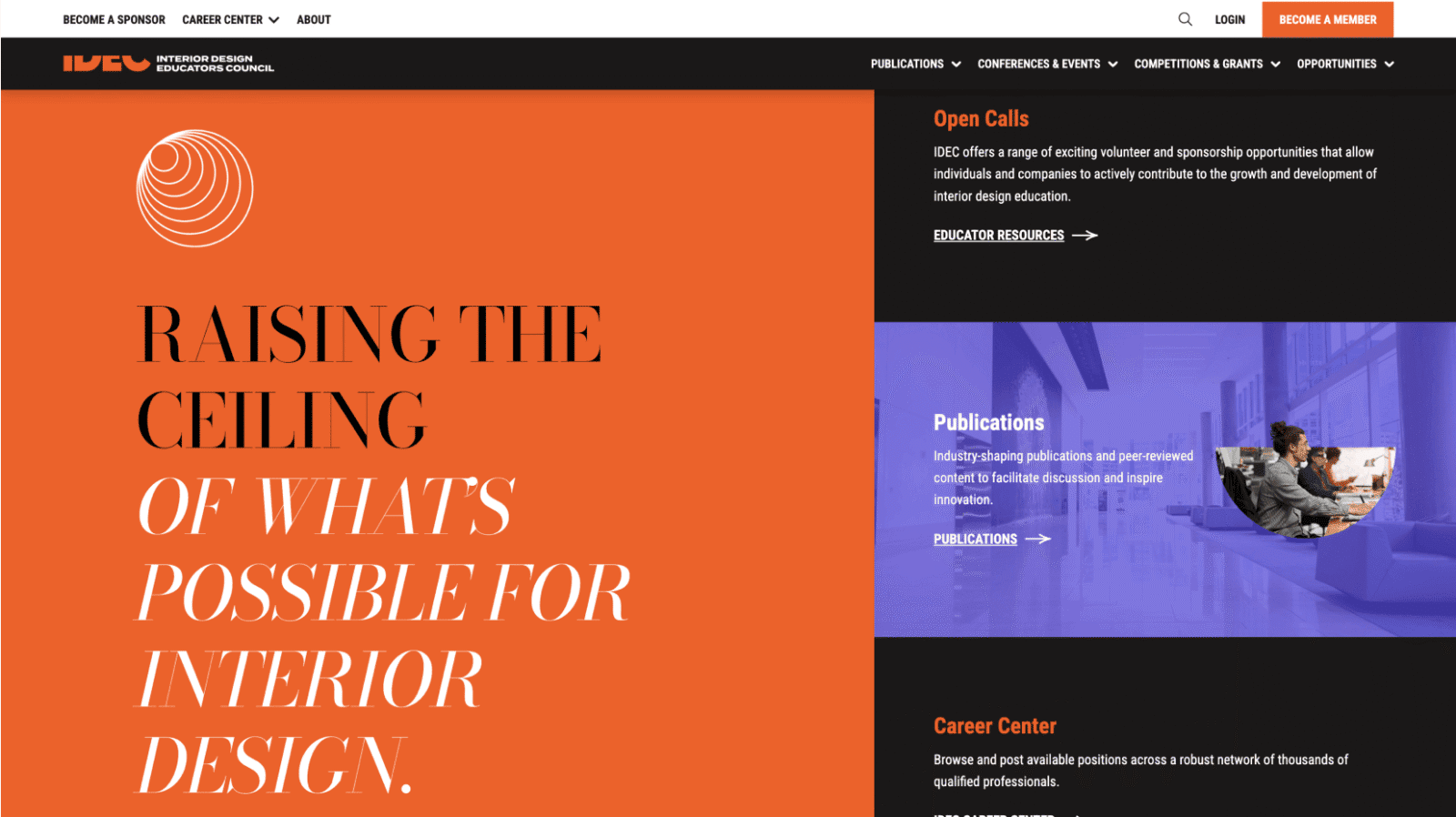 A webpage with a large orange section featuring black and white text about interior design education and opportunities.