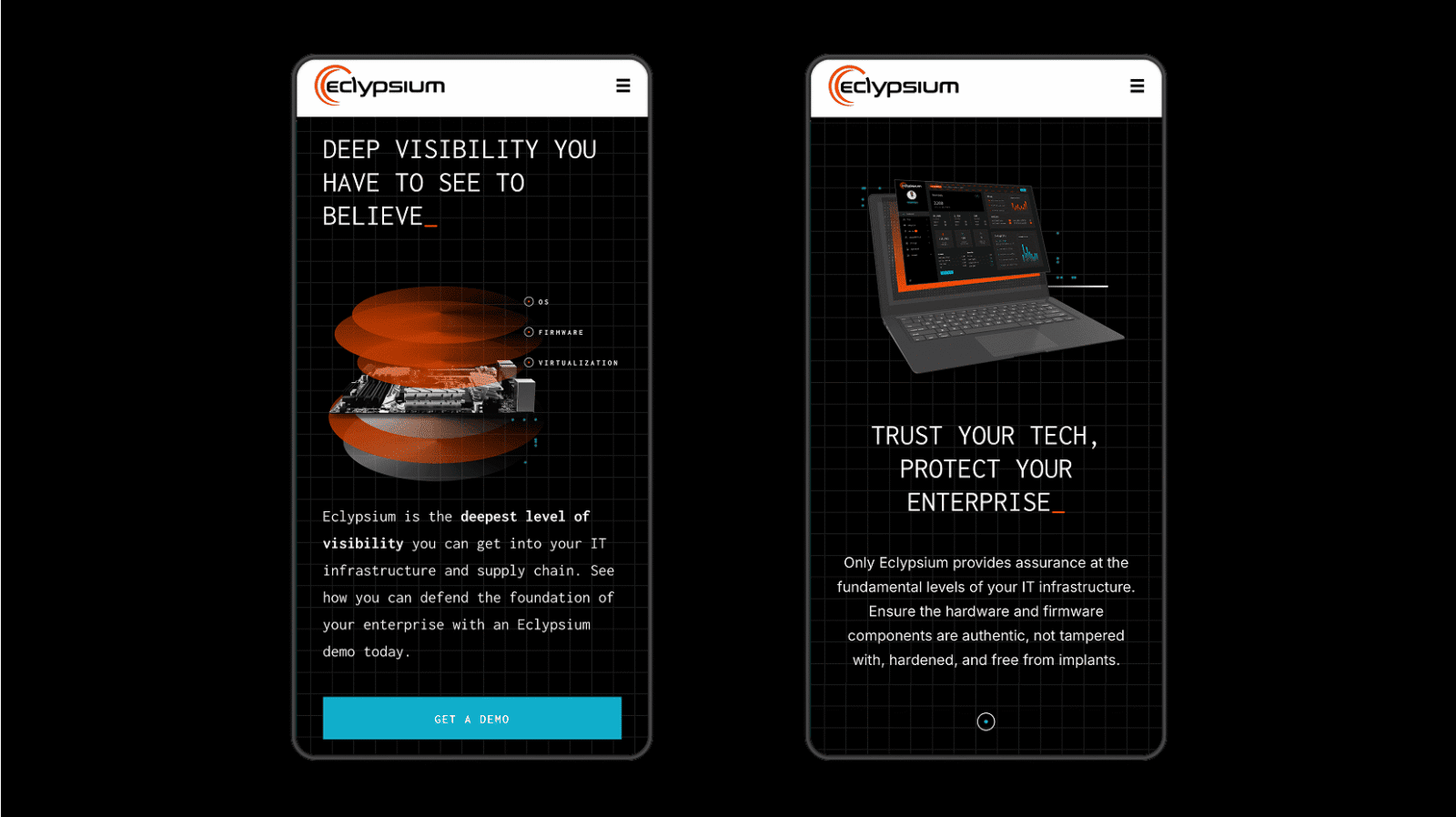 Two smartphone screens display Eclipsisum's cybersecurity services, emphasizing deep visibility and enterprise protection.