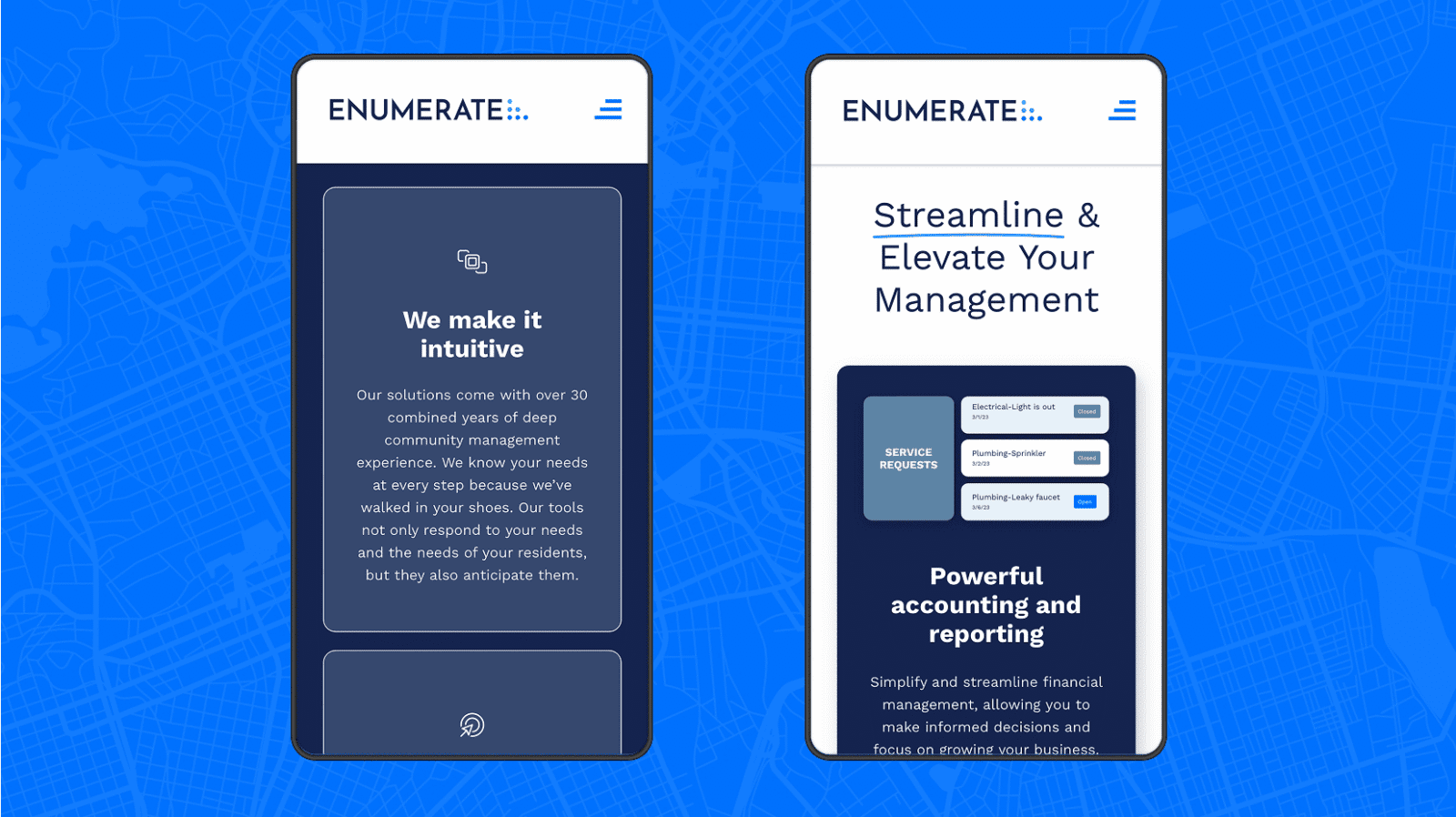 Two smartphones display app screens with management solutions, set against a blue map background.