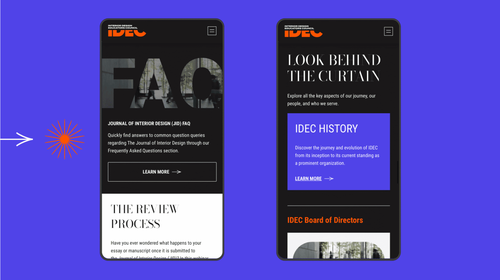 Two smartphones display the IDEC website against a purple background, with an orange and white starburst graphic to the left.