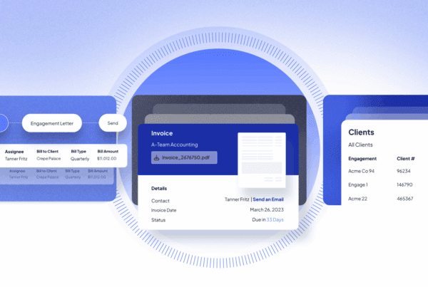 Digital interface displaying an invoice, client list, and document management elements in a futuristic design.