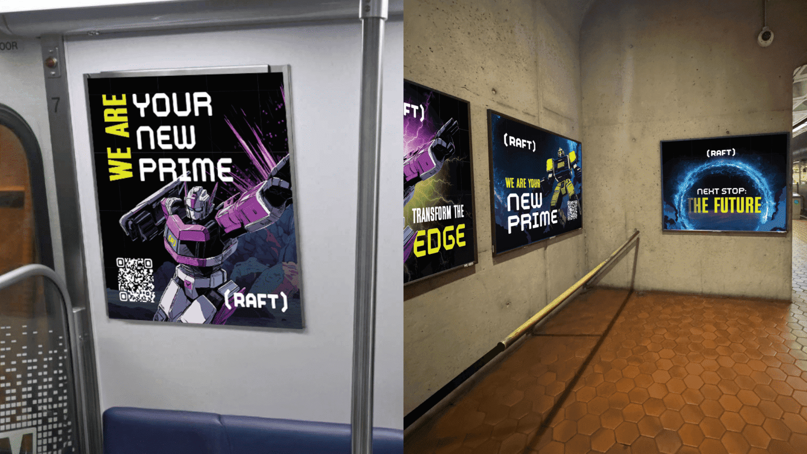 Posters promoting a futuristic game called "RAFT" with phrases like "We are your new prime" and "Transform the edge."