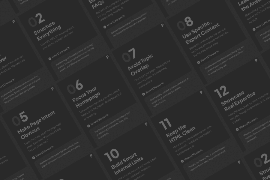 A dark background with a grid of numbered tips and guidelines related to content structure and optimization.