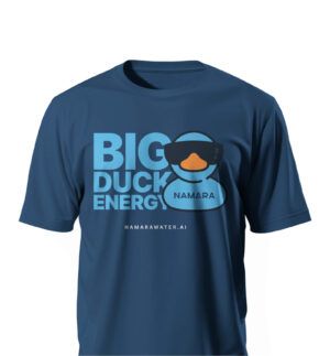 A blue T-shirt features a cartoon duck wearing sunglasses, with bold text reading "BIG DUCK ENERGY" and "NAMARA" on the