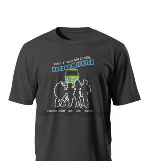 A black T-shirt with a graphic of a colorful van, silhouettes of five people, and the text "Don't let your data go dark.