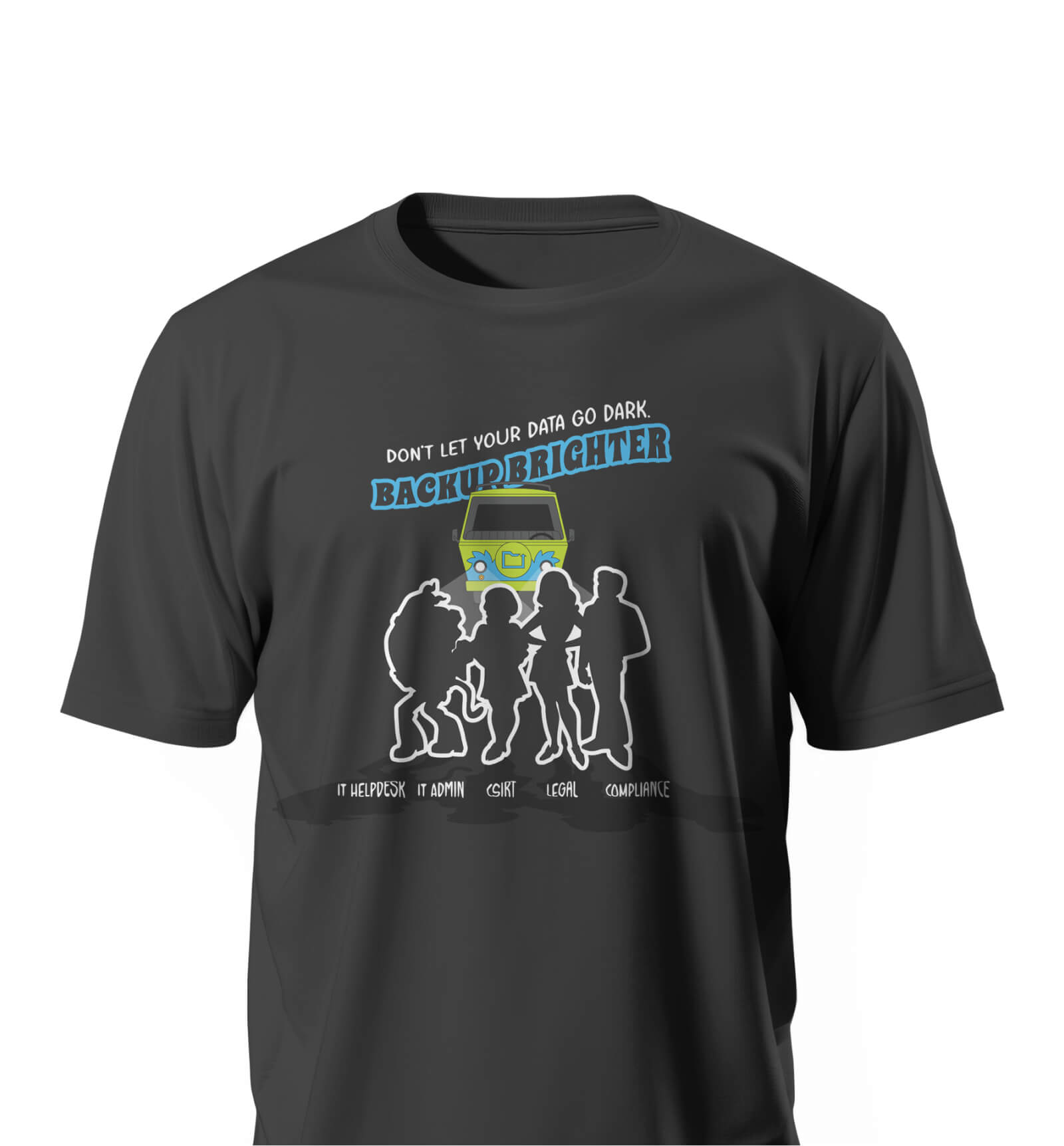 A black T-shirt with a graphic of a colorful van, silhouettes of five people, and the text "Don't let your data go dark.