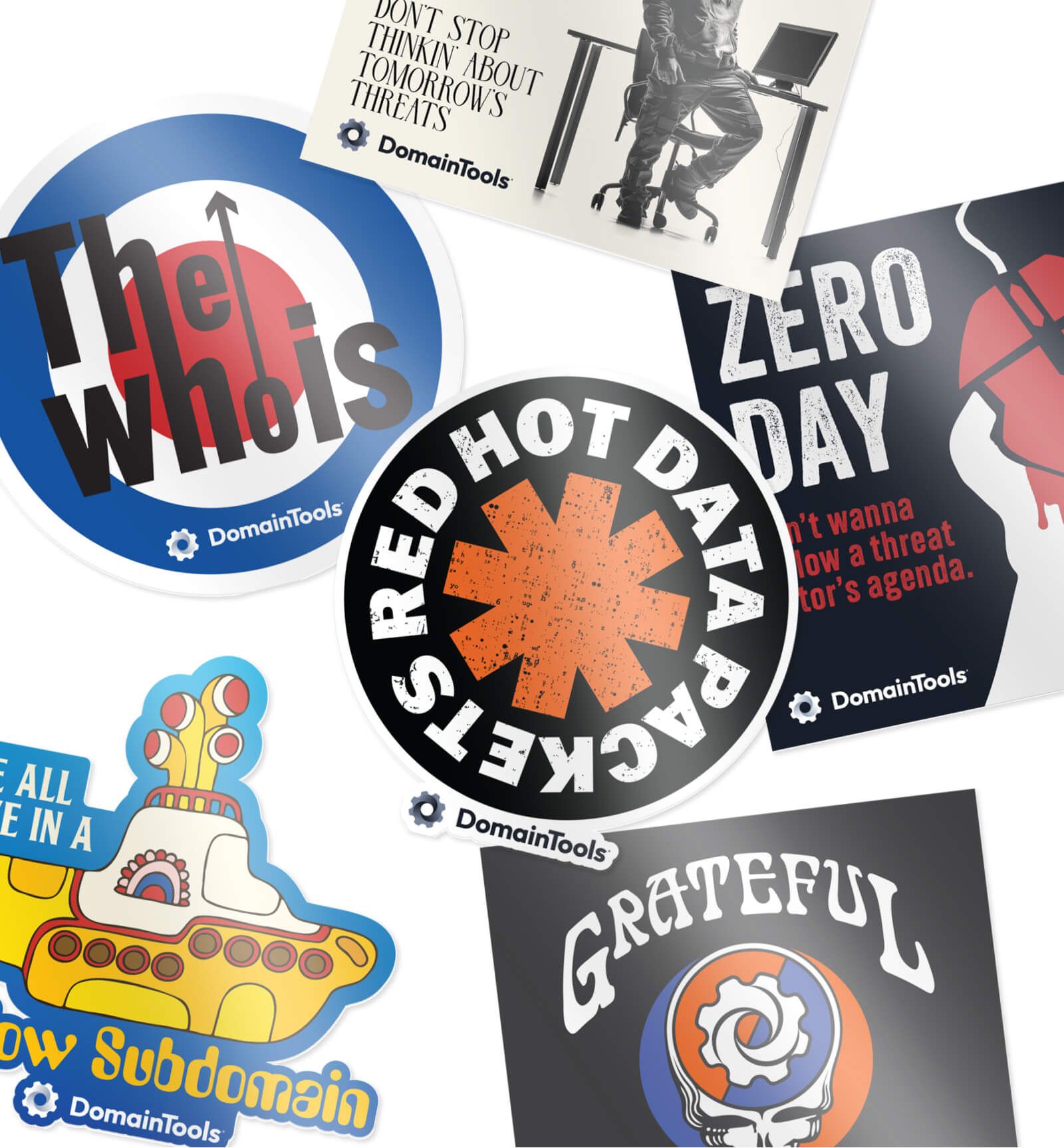 Collection of motivational and awareness stickers, including "The Whois," "Red Hot Day," "Zero Day," "Grateful," and a