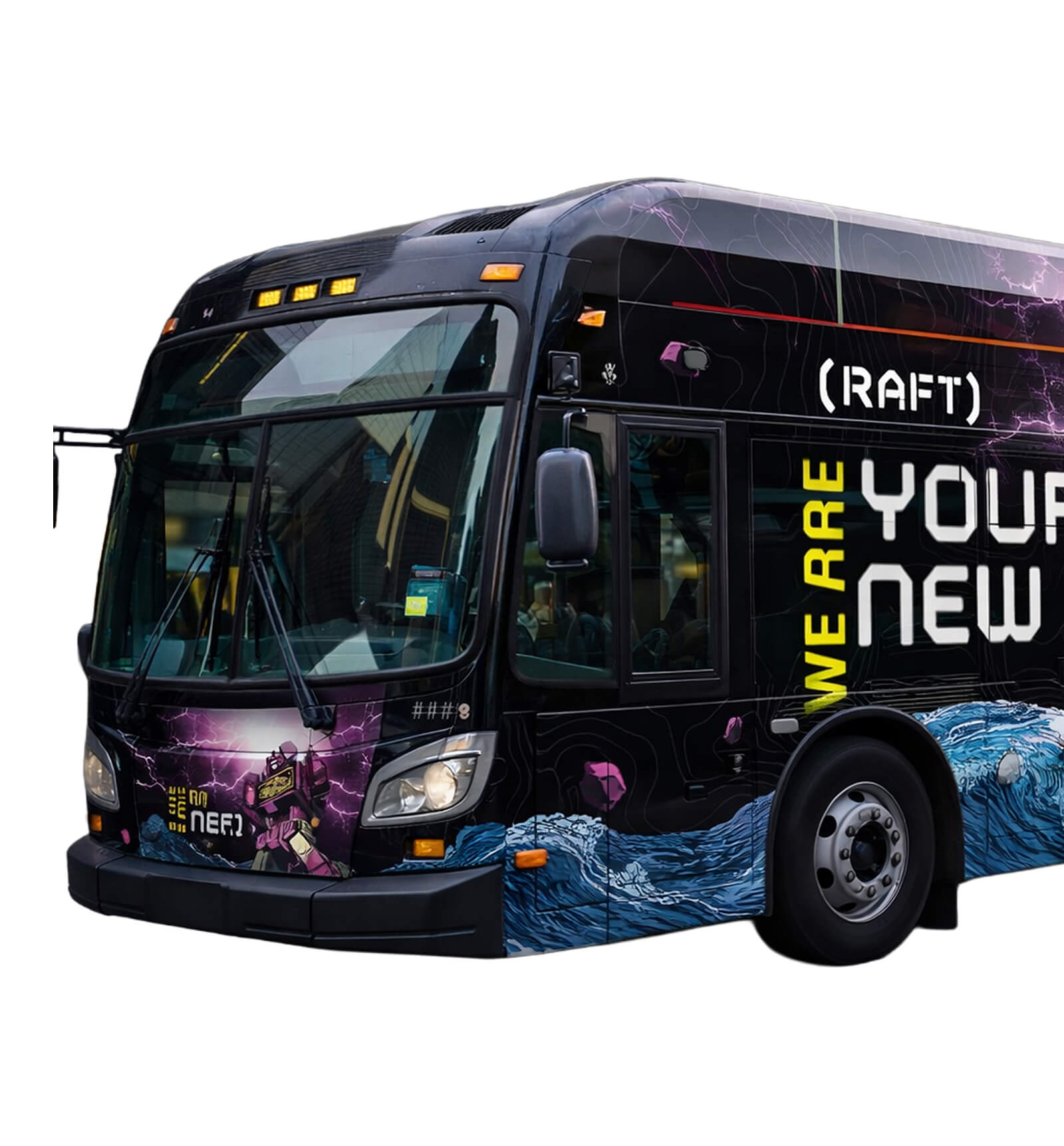 A black bus with colorful graphics and the words "We are your new" and "(RAFT)" on the side, featuring a robot and ocean