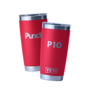 Two red YETI tumblers with silver accents, labeled "Punch" and "P10," stand side by side against a white background.
