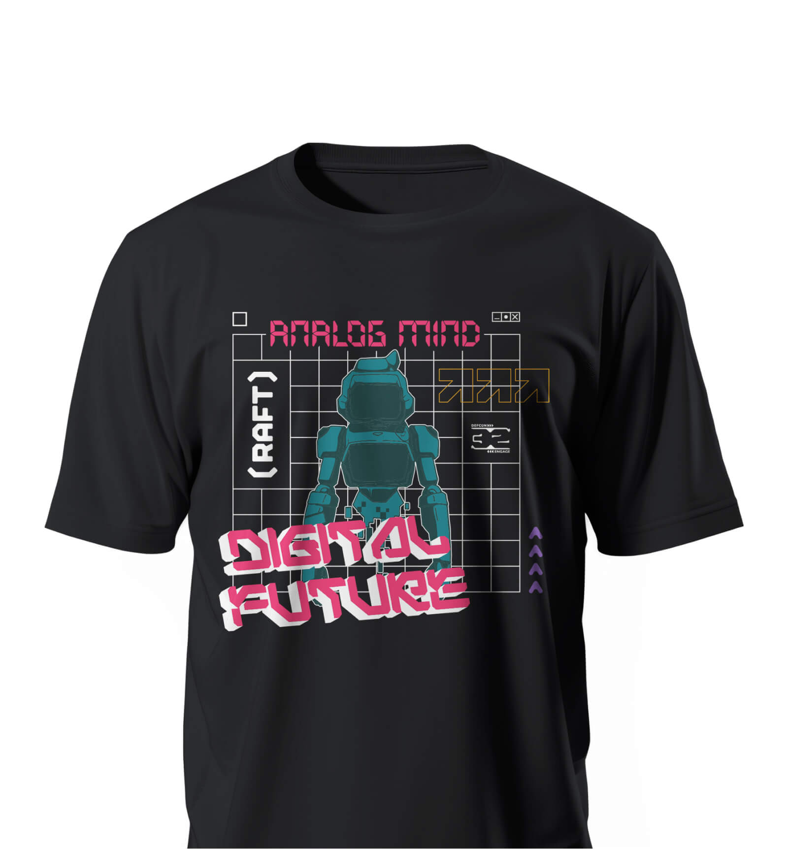 A black T-shirt features a digital-style graphic of a robot with the words "DIGITAL FUTURE" and "ANALOG MIND" in neon pink,