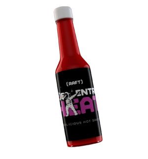 A bottle of hot sauce labeled "Intergalactic" with an astronaut illustration and a black, purple, and red color scheme.